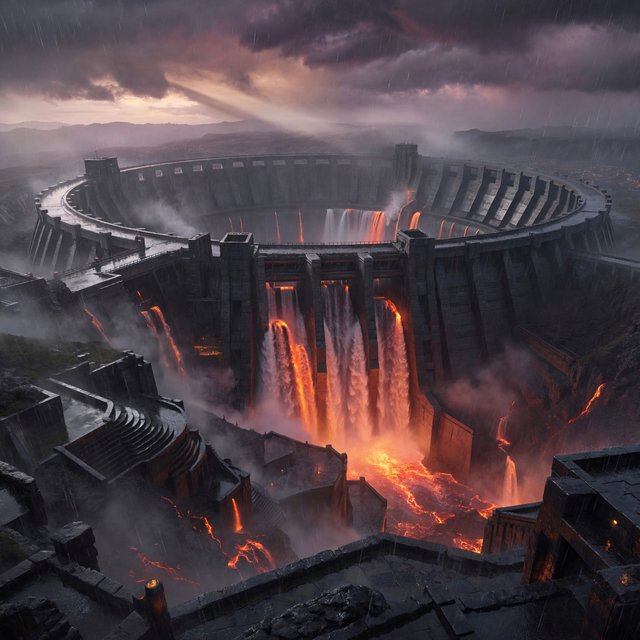 A colossal ring-shaped dam bridges a volcanic caldera, its black stone spillways veined with molten light. Rain veils the terraces as steam rises into a bruised dusk sky. — ImagineArt 2
