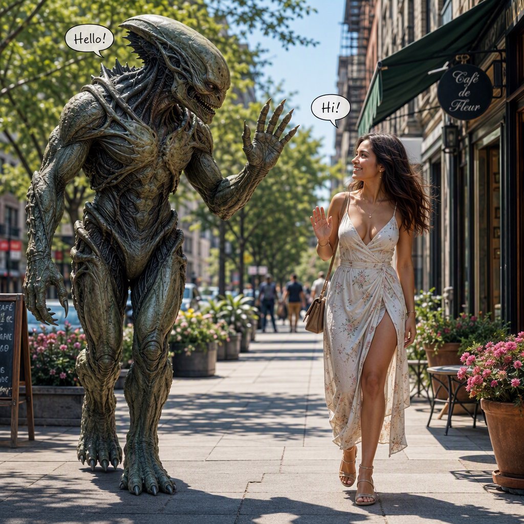 Alien monster walking down the street, greeting a beautiful woman walking toward him down the street on a lovely sunny day! — GPT Image 2