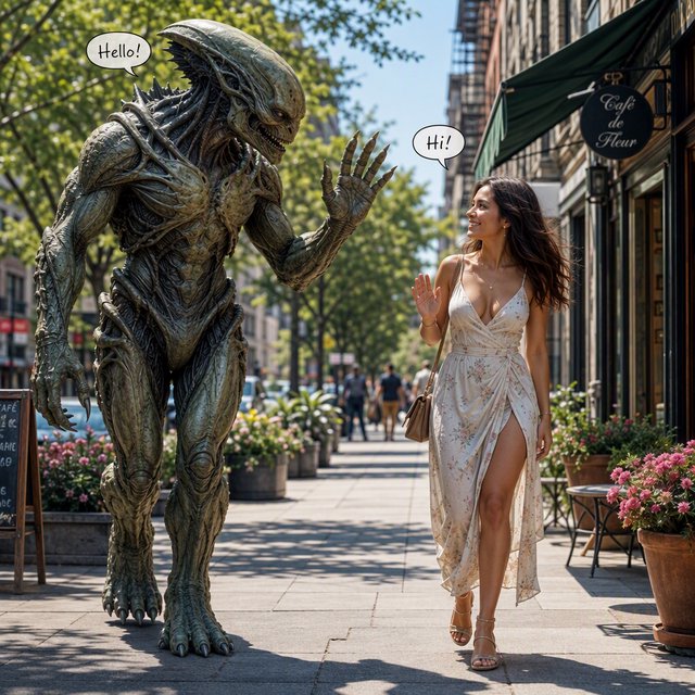 Alien monster walking down the street, greeting a beautiful woman walking toward him down the street on a lovely sunny day! — GPT Image 2