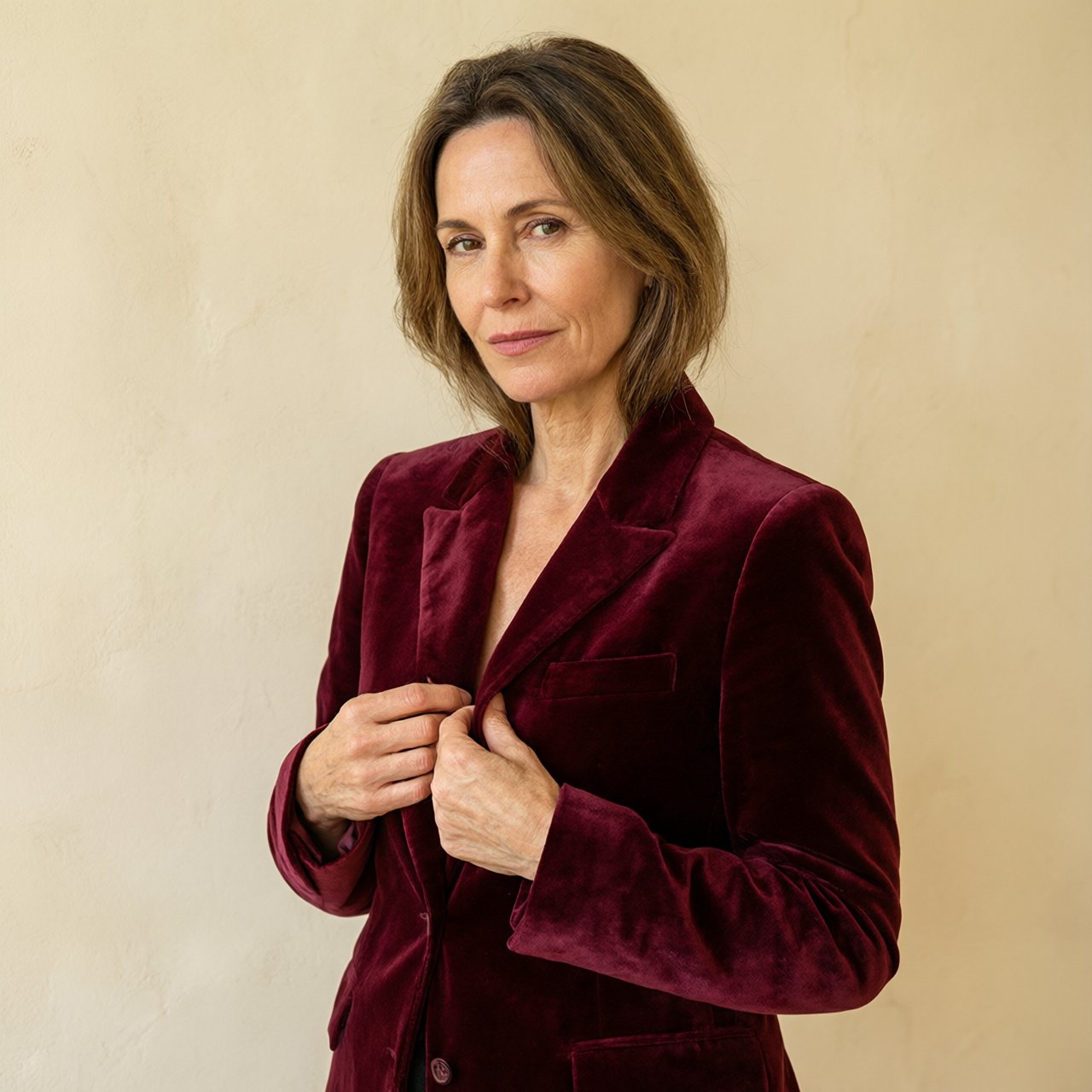 Fashion portrait of an adult woman in her early 50s wearing a sculptural burgundy velvet jacket, her hands lightly gathering its lapel. A wry, composed expression meets the camera against a warm ivory plaster backdrop, lit by soft late-afternoon window glow. — Qwen Image 3.0 Pro