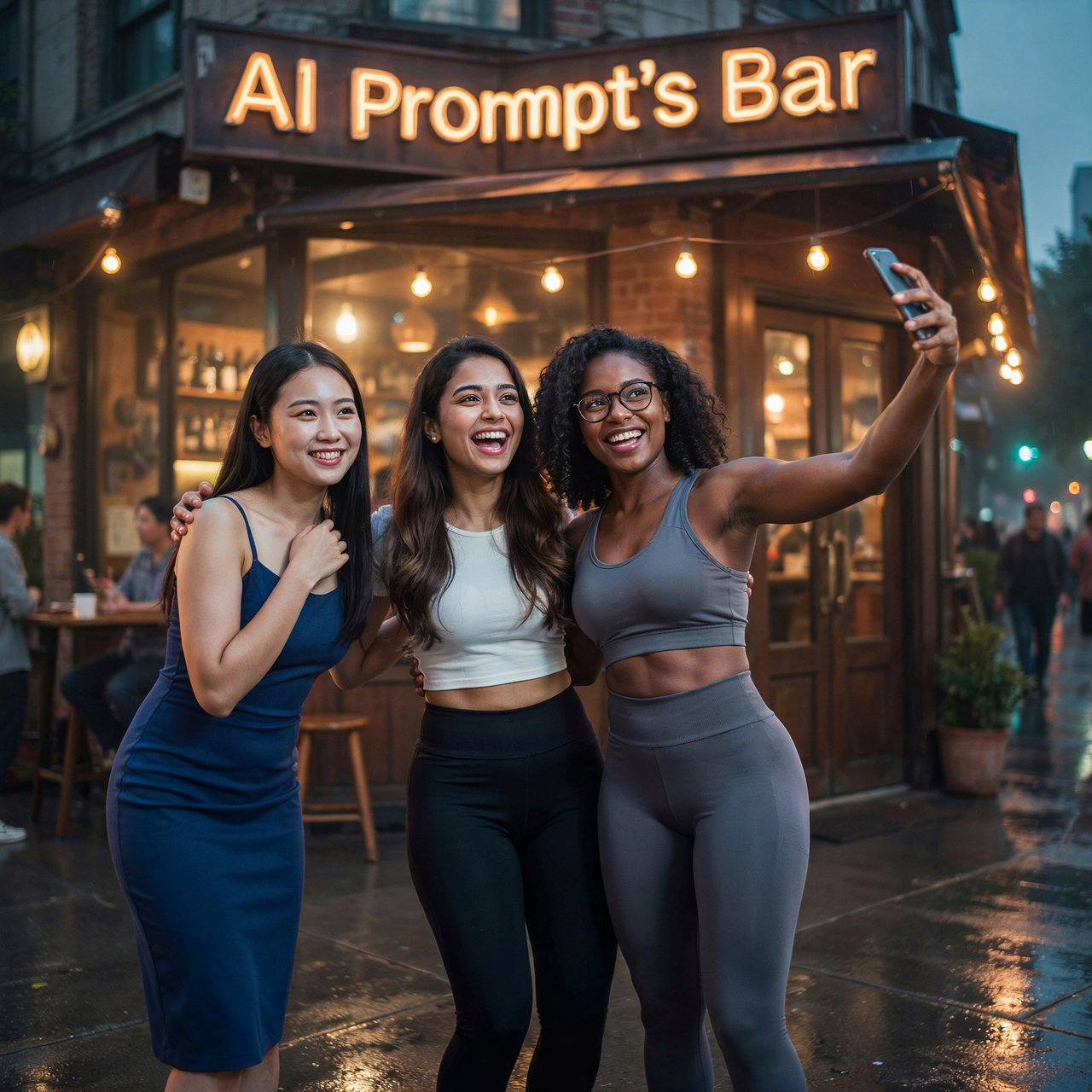Photorealistic image, late at night. The image shows a pretty 21-year-old Japanese woman wearing a blue dress that fits her body. Next to her is a pretty 24-year-old Indian woman wearing a crop top and leggings that fit her. Another is a pretty Black woman, age 23–27, wearing gym wear and glasses. They are having a group photo in front of a bar called “AI Prompt’s Bar.” The image shows full front, back, and side views of the women. Vibe: busy friends who finally made time to hang out. — Ideogram v4.5