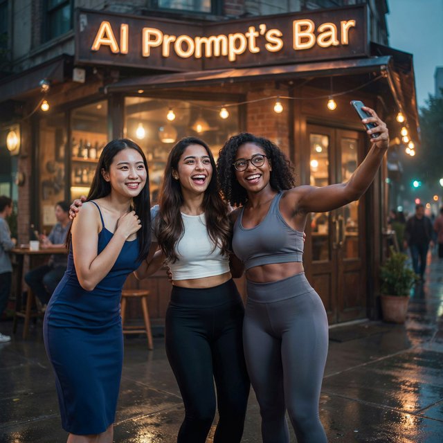 Photorealistic image, late at night. The image shows a pretty 21-year-old Japanese woman wearing a blue dress that fits her body. Next to her is a pretty 24-year-old Indian woman wearing a crop top and leggings that fit her. Another is a pretty Black woman, age 23–27, wearing gym wear and glasses. They are having a group photo in front of a bar called “AI Prompt’s Bar.” The image shows full front, back, and side views of the women. Vibe: busy friends who finally made time to hang out. — Ideogram v4.5