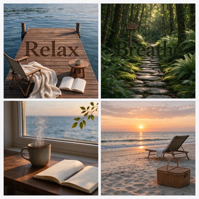 An image representing the word and concept of “Relaxing.” There are at least 4 moments that represent this. The word “Relax” and another word representing it are hidden naturally in the background. — Seedream 5.0 Flash