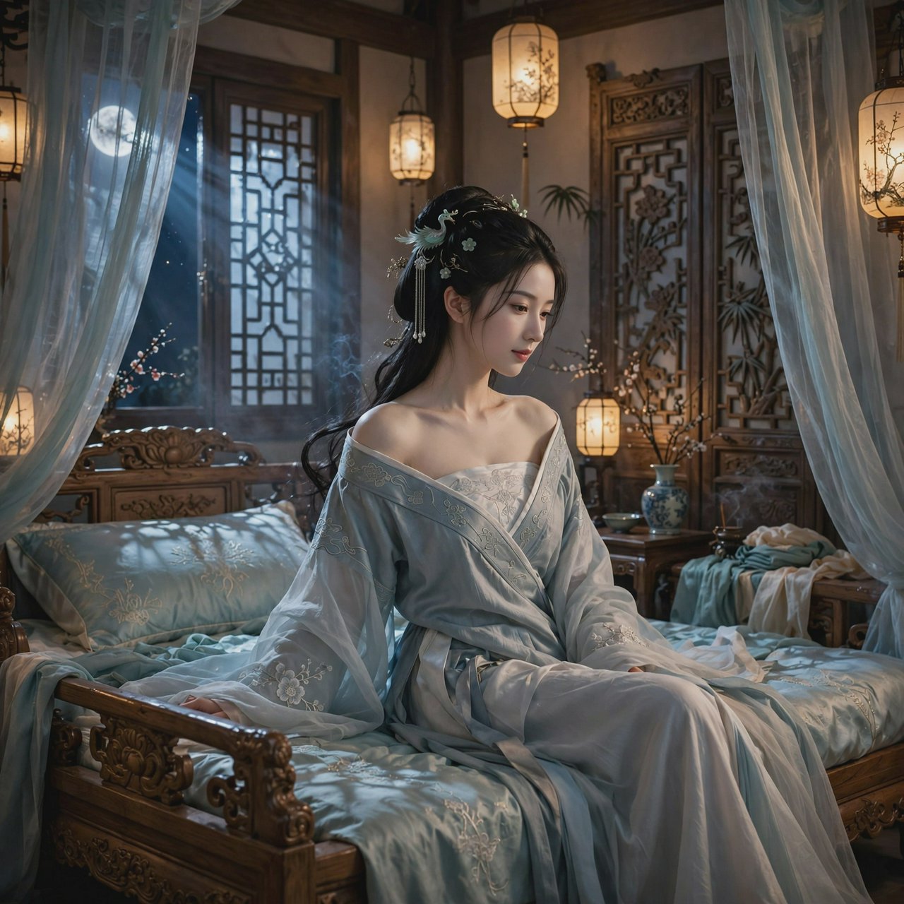 A beautiful adult Chinese woman in her 20s wearing an elegant, subtly sensual Song Dynasty–inspired hanfu with a loose off-shoulder neckline, gracefully exposing her shoulders and collarbones. She sits on an ornate wooden bed inside a refined ancient Chinese bedroom at night, surrounded by gauze curtains, carved screens and softly glowing lanterns. Moonlight filters through the lattice window, creating a romantic, intimate atmosphere. Luxurious silk fabrics, delicate hair ornaments, natural feminine pose, cinematic lighting, historically inspired details, tasteful and sophisticated. — Muse Image 1.0