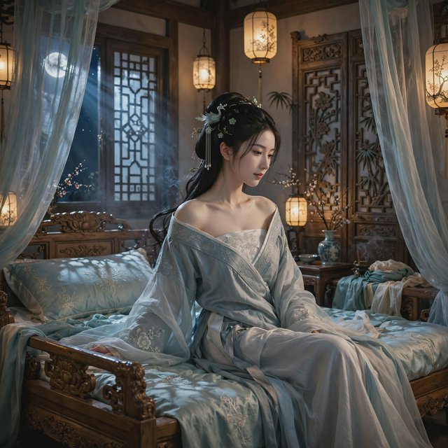 A beautiful adult Chinese woman in her 20s wearing an elegant, subtly sensual Song Dynasty–inspired hanfu with a loose off-shoulder neckline, gracefully exposing her shoulders and collarbones. She sits on an ornate wooden bed inside a refined ancient Chinese bedroom at night, surrounded by gauze curtains, carved screens and softly glowing lanterns. Moonlight filters through the lattice window, creating a romantic, intimate atmosphere. Luxurious silk fabrics, delicate hair ornaments, natural feminine pose, cinematic lighting, historically inspired details, tasteful and sophisticated. — Muse Image 1.0