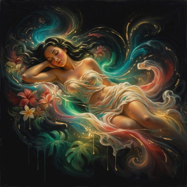 Black velvet painting: A luminous adult odalisque lounging languidly while wearing a muslin hip wrap, seemingly floating through liquid light. The background is an almost pure, light-absorbing black velvet, allowing the darkest areas to disappear completely. The figure emerges dramatically from the darkness in highly saturated tropical colors—warm skin tones, coral, turquoise, emerald, gold, and deep red. Glowing highlights define her form, with simplified shapes and soft, airbrushed-looking transitions. Rich tropical color, dramatic chiaroscuro, softly disappearing edges, and a polished romantic mid-century Polynesian atmosphere. Hard outlines are avoided. — Muse Image 1.0