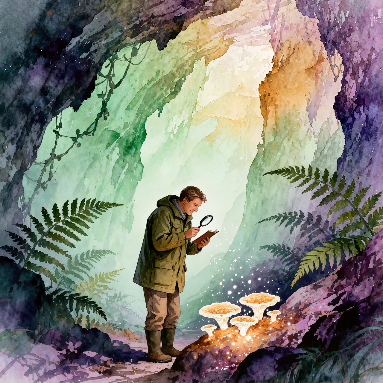Watercolour illustration of an adult botanist studying luminous fungi in a misty cave, with fern fronds, glistening stone and drifting spores. Palette of jade, lilac, amber, and deep indigo, with translucent washes. — Kling v3
