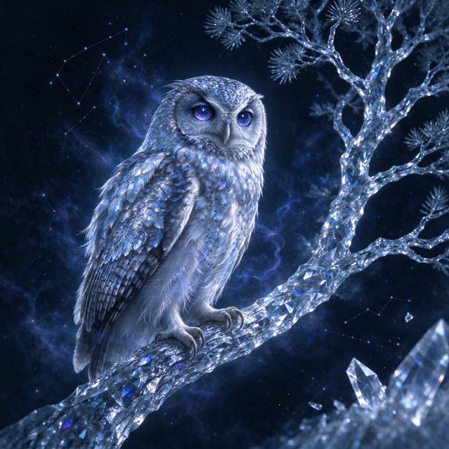 An ethereal owl with feathers made of shimmering moonlight and eyes like miniature galaxies, perched on a branch of a crystalline tree that grows in a void. Wisps of cosmic dust drift around it, and faint constellations are visible in the background. The scene evokes a sense of profound tranquility and celestial mystery. Style: Ethereal, surrealism, with a touch of photorealism. — Seedream 5.0 Flash
