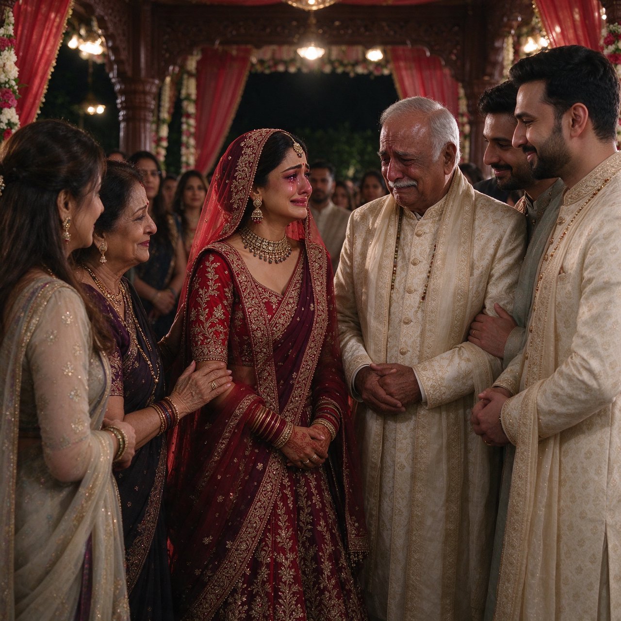 A realistic scene of an Indian wedding showing the emotions of the adult bride and her adult family members — Seedream 5.0 Flash