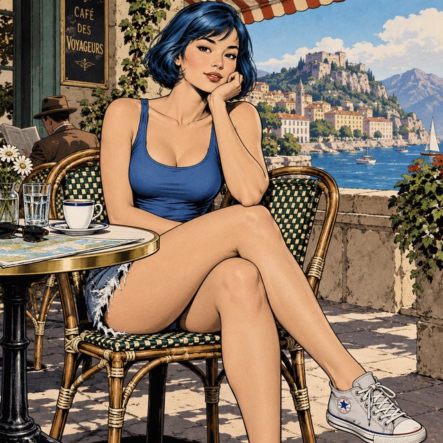 Classic American adventure-comic art with a strong 1930s–1950s pulp and Hollywood glamour influence. Exceptionally polished pen-and-ink draftsmanship, elegant controlled outlines, varied line weight, precise feathering, restrained crosshatching, and carefully placed solid blacks. Realistic but gracefully idealized anatomy, believable weight and balance, expressive naturalistic faces, and subtle character acting. Attractive characters with vintage glamour, sculpted features, and meticulously rendered hair. Strong three-dimensional form, convincing fabric folds, polished metal, leather, and other materials rendered with clarity and care. Romantic retro adventure atmosphere, richly detailed without clutter. Traditional hand-inked comic look, restrained flat colors. Avoid modern superhero exaggeration, extreme musculature, heavy digital rendering, and photorealism. A beautiful Asian woman sits at a cafe table, legs crossed. Blue tank top, torn shorts, sneakers, short bob hair dyed blue. — Model 3