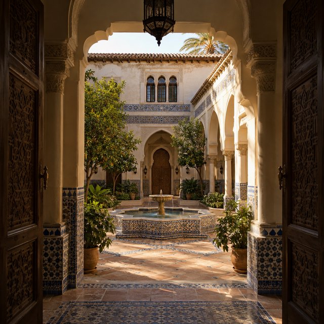 From a shaded courtyard entrance, Moorish Revival residences enclose a tiled fountain court, with cream stucco, carved cedar doors, and blue ceramic bands; late sunlight filters through arcades, revealing aligned walls and credible supports. — GPT Image 2.5 Flare