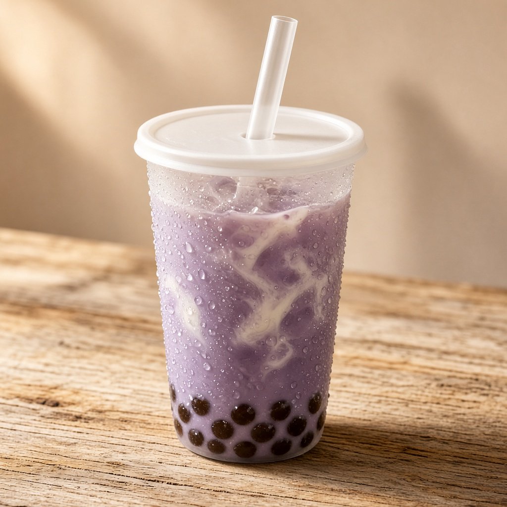 Photorealistic product shot of iced taro bubble tea in a clear frosted plastic cup, condensation beading down curved sides, wide clear straw piercing matte white domed lid. Plump dark brown tapioca pearls settled at the base, swirled creamy purple tea with soft marbled cream streaks, fine ice crystals glinting inside. Resting on weathered light oak table, soft golden hour side lighting casting gentle long shadows, warm neutral beige background. Shallow depth of field, sharp focus on glass texture and pearl details, professional food photography aesthetic, soft moody warm colour palette with rich lavender and caramel tones. — Grok Imagine Image 2