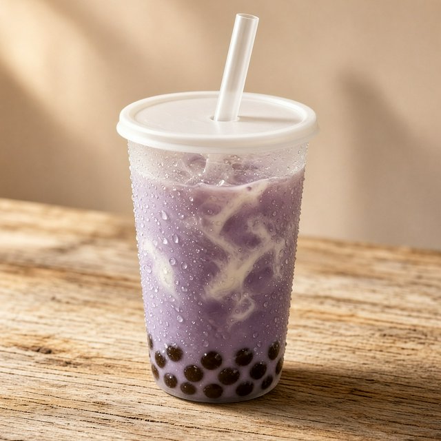 Photorealistic product shot of iced taro bubble tea in a clear frosted plastic cup, condensation beading down curved sides, wide clear straw piercing matte white domed lid. Plump dark brown tapioca pearls settled at the base, swirled creamy purple tea with soft marbled cream streaks, fine ice crystals glinting inside. Resting on weathered light oak table, soft golden hour side lighting casting gentle long shadows, warm neutral beige background. Shallow depth of field, sharp focus on glass texture and pearl details, professional food photography aesthetic, soft moody warm colour palette with rich lavender and caramel tones. — Grok Imagine Image 2