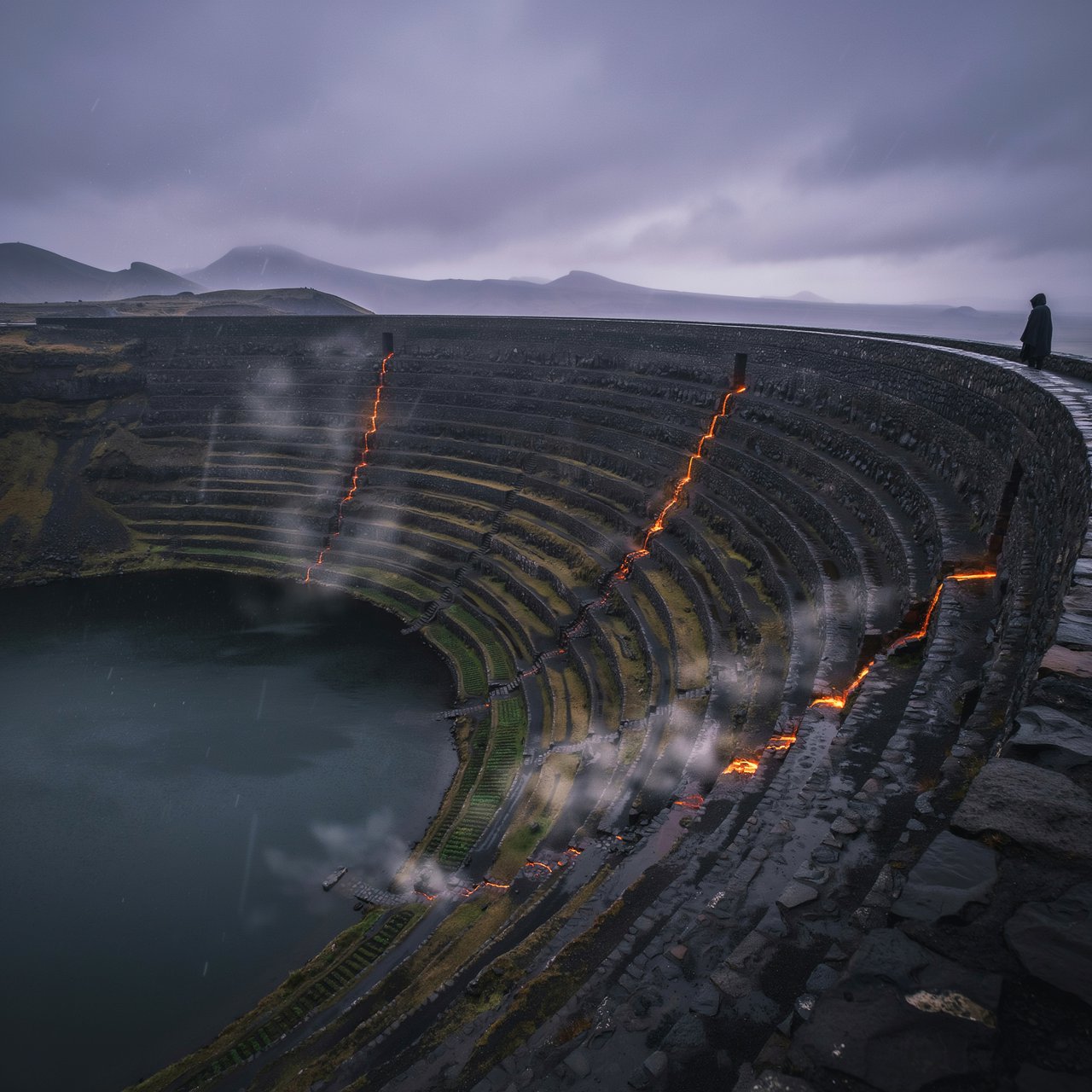 A colossal ring-shaped dam bridges a volcanic caldera, its black stone spillways veined with molten light. Rain veils the terraces as steam rises into a bruised dusk sky. — Ideogram v4