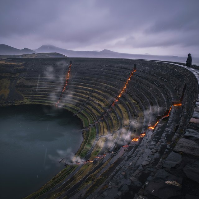 A colossal ring-shaped dam bridges a volcanic caldera, its black stone spillways veined with molten light. Rain veils the terraces as steam rises into a bruised dusk sky. — Ideogram v4