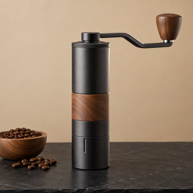 Commercial product photograph of an unbranded portable espresso grinder crafted from anodized aluminum with walnut accents, resting on a black stone surface against a warm beige background, illuminated by broad diffused studio light and a subtle edge highlight. — GPT Image 2.5 Flare