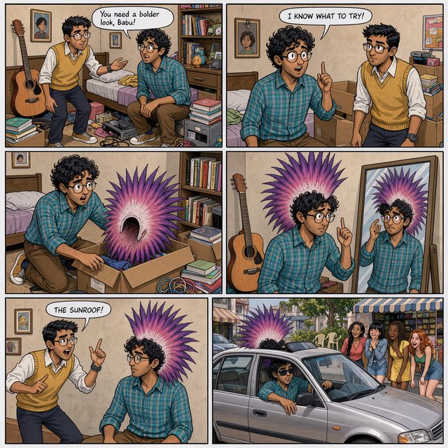A three-row, six-panel sequence. Panel 1: A short-haired, nerdy man is talking to his friend Babu, another nerd with curly hair and round-frame glasses. They are both 20. Babu's room has a guitar and boxes full of things. Panel 2: Babu is exclaiming to his friend, saying something! Middle row, panel 3: Babu brings a spiky Mohican wig, pink to purple in color, out of one of his boxes. But it is oddly big. Panel 4: Babu stands in front of a wall mirror wearing the spiky wig—it is oddly very big! He looks concerned. Bottom row, panel 5: Babu's nerdy friend exclaims something to him, as if he has had an idea. Bottom row, panel 6: Babu is in a right-hand-drive sedan with a sunroof. Half of the spiky hair on his wig sticks out through the sunroof. The car is parked in front of a neighborhood hangout. Babu is looking out of the window, with one hand out of it. He wears sunglasses, trying to look cool. Several pretty adult women his age are giggling at him. — FLUX 3 Image