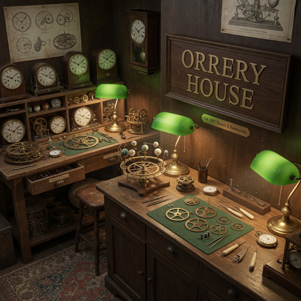 Inside a quiet clockmaker’s workshop, brass gears and tiny tools gleam beneath green-shaded lamps; "ORRERY HOUSE" is engraved in crisp serif letters on a dark walnut sign above the repair counter. — Grok Imagine Image Quality