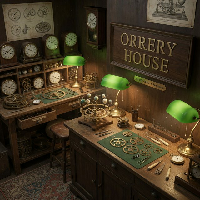 Inside a quiet clockmaker’s workshop, brass gears and tiny tools gleam beneath green-shaded lamps; "ORRERY HOUSE" is engraved in crisp serif letters on a dark walnut sign above the repair counter. — Grok Imagine Image Quality