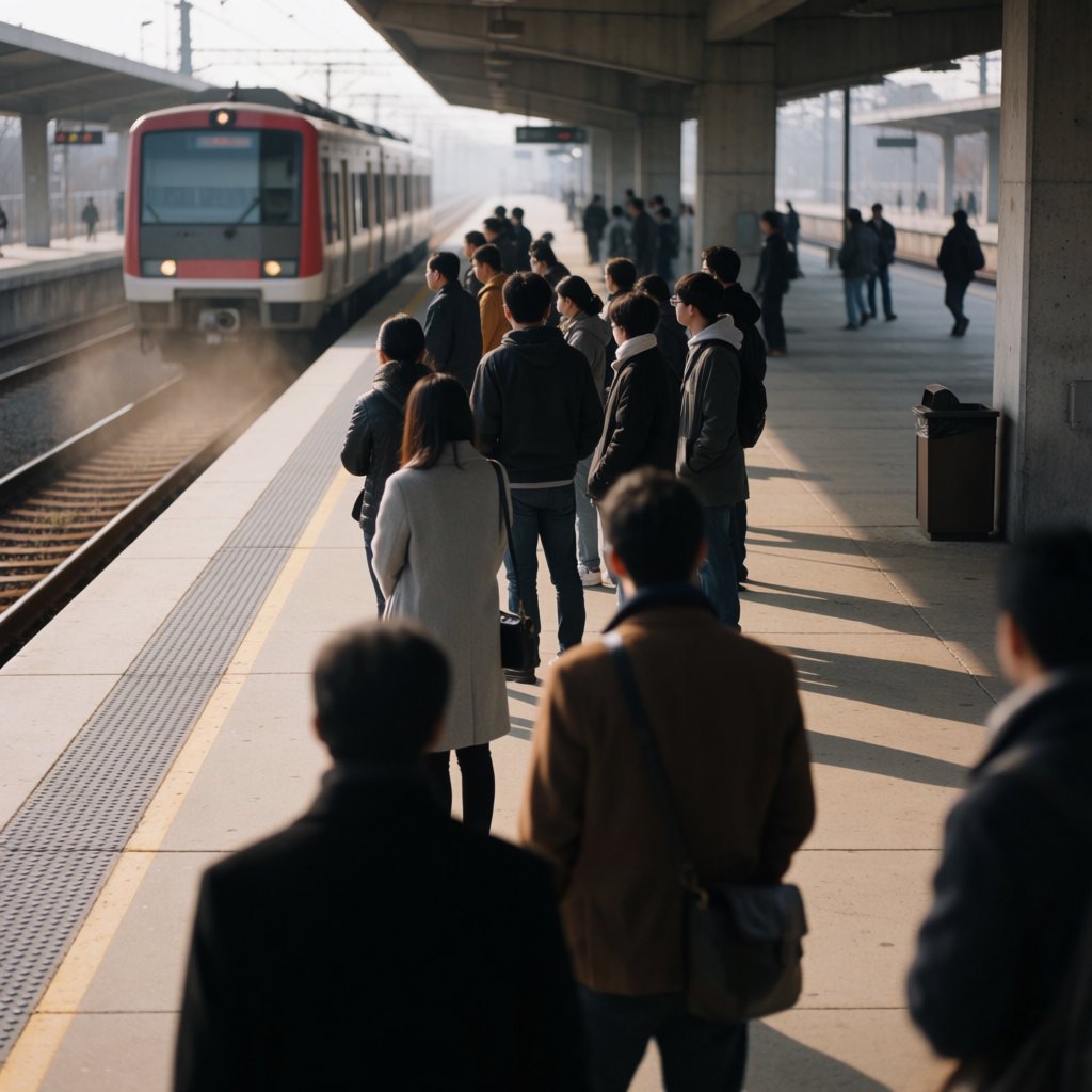 Across a broad station platform, adult commuters wait in loose clusters as a train approaches through pale dawn haze. A real-world press photograph uses a 135mm lens and deep focus; fine brake dust hangs in the sunlit air. — Krea 2 Medium