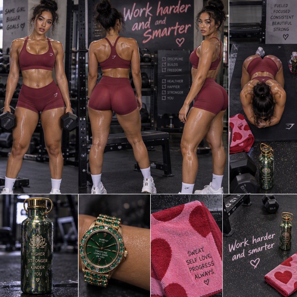 A pretty adult mixed-race woman of Korean and Black heritage, wearing fitted gym wear. Scene: a heavy workout with sweat. POV: full front, back, side, and aerial views. Near her are a unique-looking water bottle, a diamond green watch, a pink and red towel, and text in the background that says “Work harder and smarter”. — GPT Image 2.5 Sunburst