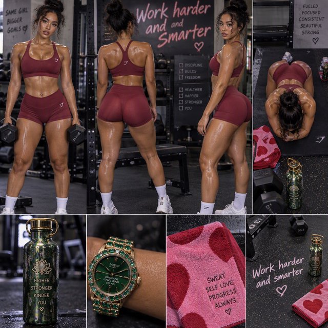 A pretty adult mixed-race woman of Korean and Black heritage, wearing fitted gym wear. Scene: a heavy workout with sweat. POV: full front, back, side, and aerial views. Near her are a unique-looking water bottle, a diamond green watch, a pink and red towel, and text in the background that says “Work harder and smarter”. — Model 4