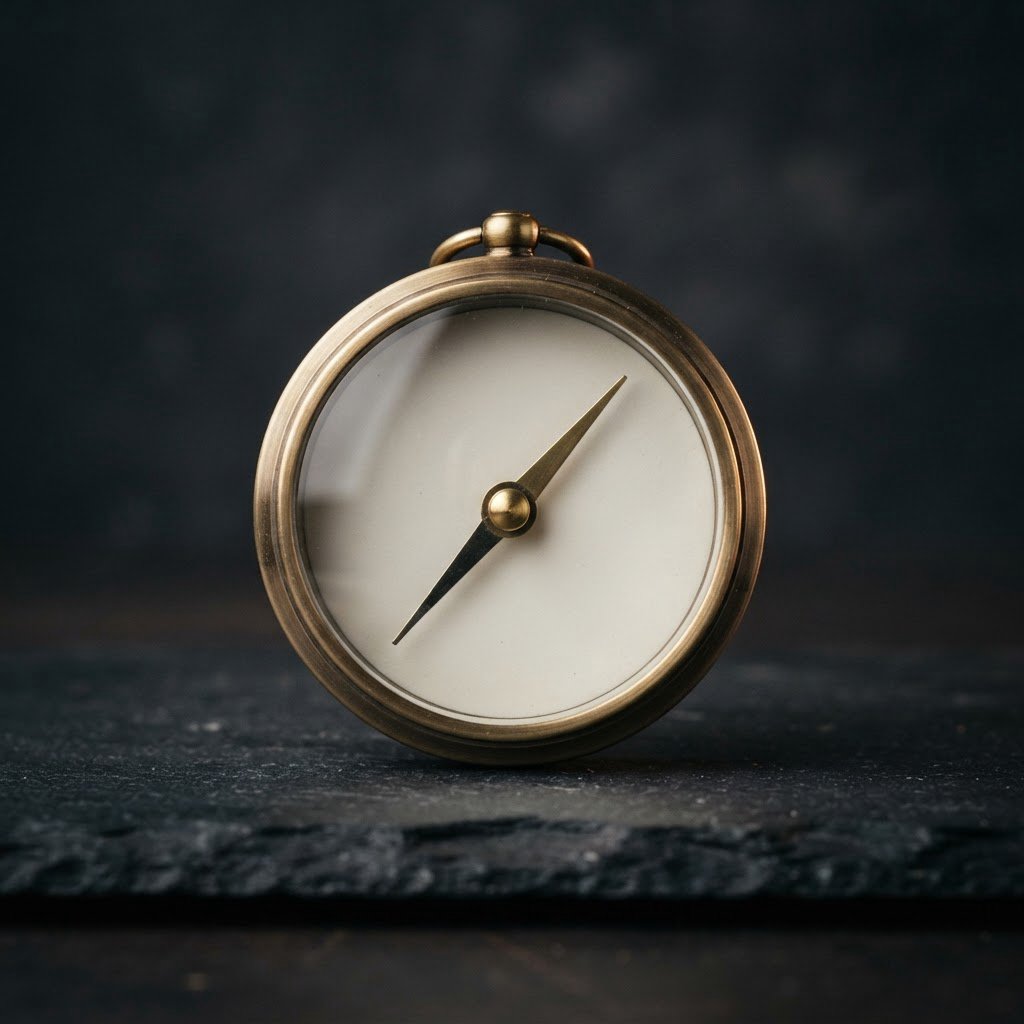 A compact brass pocket compass rests on black slate, its satin-metal casing and clear glass cover catching a broad diffused key and narrow warm rim light against a deep charcoal background; an unbranded commercial product image, blank face without lettering. — Nano Banana 2 Lite
