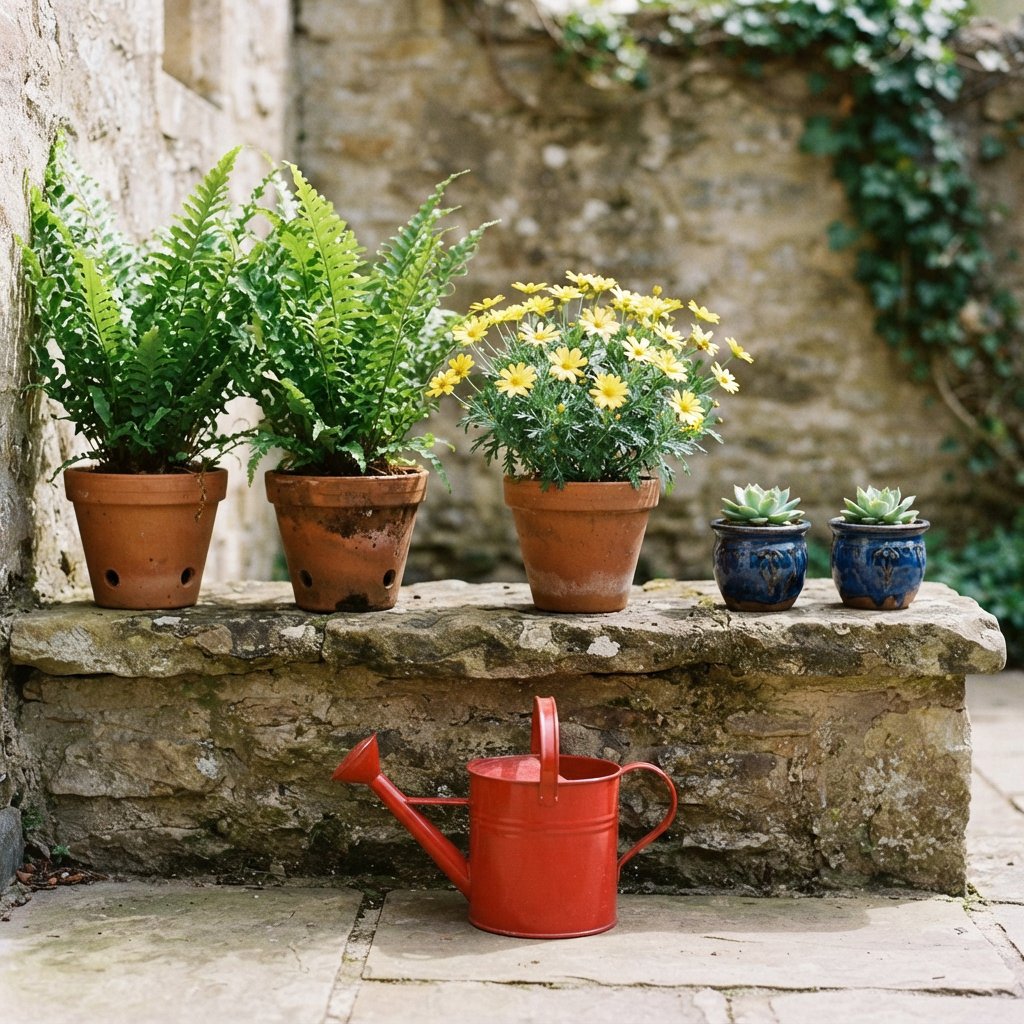Exactly five potted plants stand on a stone ledge: two tall green ferns on the left, one flowering yellow plant in the center, and two small blue pots on the right. A red watering can sits below, nothing else. — Nano Banana 2 Lite