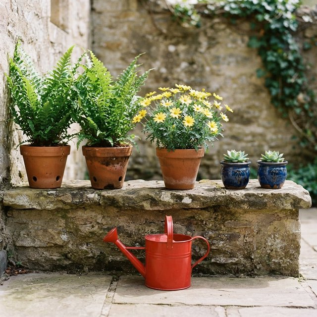 Exactly five potted plants stand on a stone ledge: two tall green ferns on the left, one flowering yellow plant in the center, and two small blue pots on the right. A red watering can sits below, nothing else. — Nano Banana 2 Lite