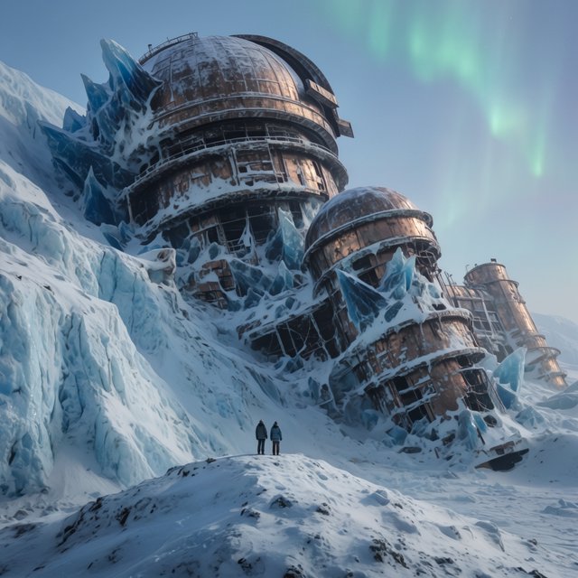 An abandoned observatory carved into a glacier, its bronze domes protruding from blue ice, aurora light filtering through crevasses, tiny adult explorers on a distant ridge emphasizing immense scale, drifting snow and deep polar shadows. — Krea 2 Large