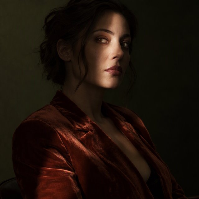 Her guarded gaze catches a solitary beam in a low-key fashion portrait: an adult woman aged 27–35 wears a rust-colored velvet blazer, the rest of her face falling into shadow against a deep olive backdrop. — GPT Image 2.5 Sunburst