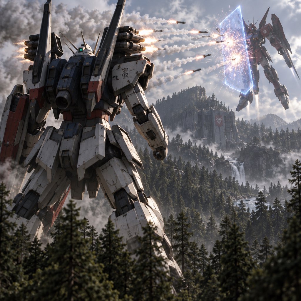 A dramatic cinematic scene of a towering 20-meter futuristic mecha standing in a dense forest, viewed from behind as the main focus. Its design is sleek, angular, and elegant, with a classic retro-futurist Japanese mecha aesthetic. Shoulder missile pods fire a volley of missiles toward an enemy mecha of a different but similarly styled design. The enemy mecha hovers in the air ahead, blocking the incoming missiles with a large arm-mounted energy shield. Dynamic action, smoke trails, forest scale, and intense battle atmosphere. — GPT Image 2.5 Sunburst