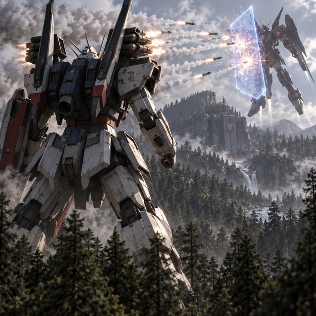 A dramatic cinematic scene of a towering 20-meter futuristic mecha standing in a dense forest, viewed from behind as the main focus. Its design is sleek, angular, and elegant, with a classic retro-futurist Japanese mecha aesthetic. Shoulder missile pods fire a volley of missiles toward an enemy mecha of a different but similarly styled design. The enemy mecha hovers in the air ahead, blocking the incoming missiles with a large arm-mounted energy shield. Dynamic action, smoke trails, forest scale, and intense battle atmosphere. — GPT Image 2.5 Sunburst