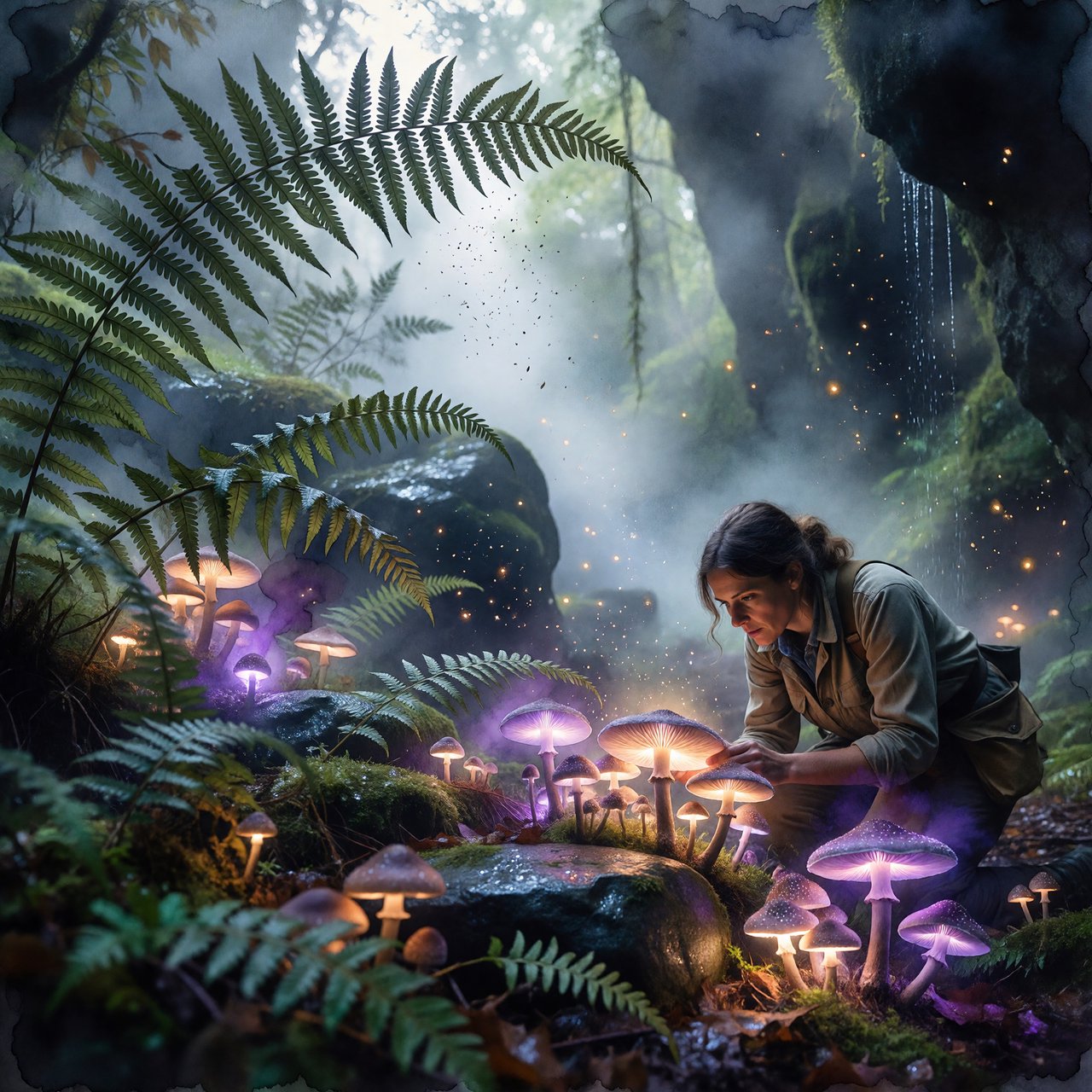 Watercolour illustration of an adult botanist studying luminous fungi in a misty cave, with fern fronds, glistening stone and drifting spores. Palette of jade, lilac, amber, and deep indigo, with translucent washes. — ImagineArt 1.5 Pro