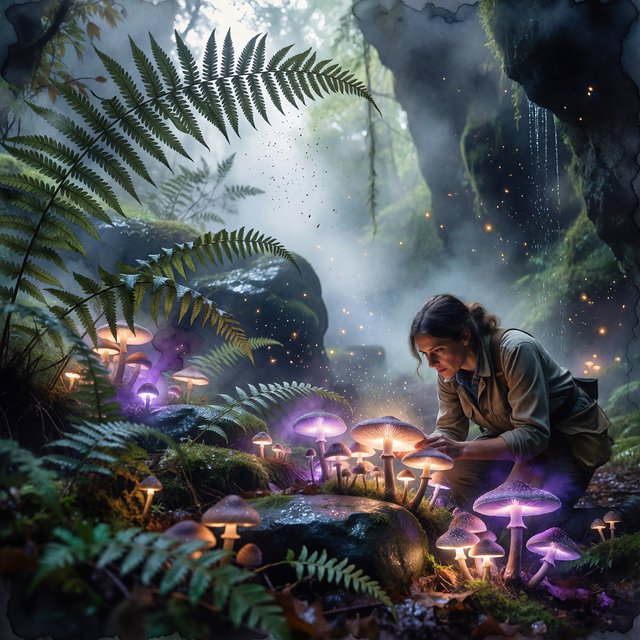 Watercolour illustration of an adult botanist studying luminous fungi in a misty cave, with fern fronds, glistening stone and drifting spores. Palette of jade, lilac, amber, and deep indigo, with translucent washes. — ImagineArt 1.5 Pro