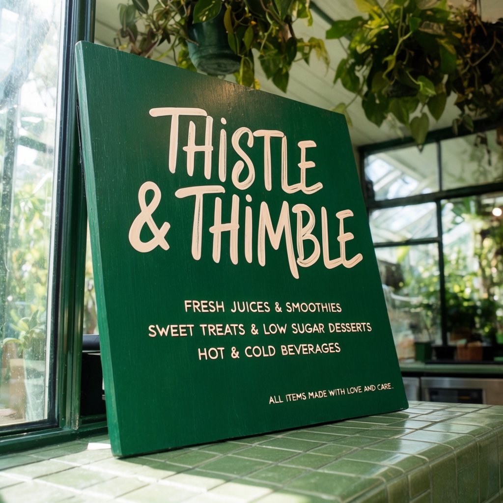 At a neighborhood greenhouse café, sunlight filters through hanging herbs above a tiled counter; "THISTLE & THIMBLE" is painted in hand-lettered cream script across a deep green wooden menu board. — Krea 2 Large