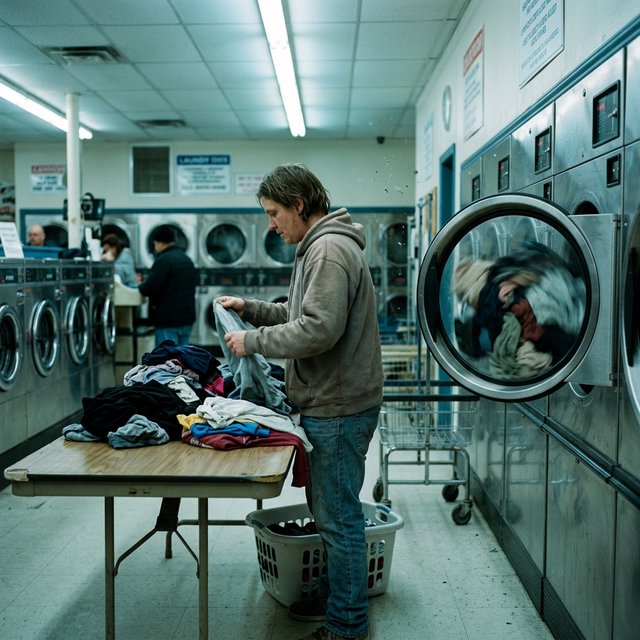 Candid documentary photograph of an adult sorting laundry in a neighborhood laundromat, cool fluorescent light, 35mm lens with moderate depth of field, lint specks floating near a tumbling dryer door. — Nano Banana 2.1