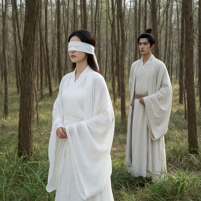 A beautiful young adult woman in flowing white hanfu stands quietly in a sparse forest, blindfolded with a soft white cloth. Grass surrounds her feet, and the scene feels calm, mysterious, and poetic. A few steps behind her stands a young adult male Taoist in traditional robes, gazing at her with a mesmerized, captivated expression. Gentle natural light filters through the thin trees, creating an ethereal atmosphere. Cinematic, elegant, emotionally evocative. — Qwen Image 3.0