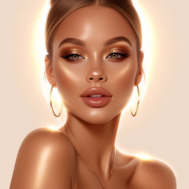 Beauty close-up of an adult woman with bronzed skin and gold eye makeup, bare shoulders, studio backlight halo, high-end campaign look. — Midjourney Niji 7
