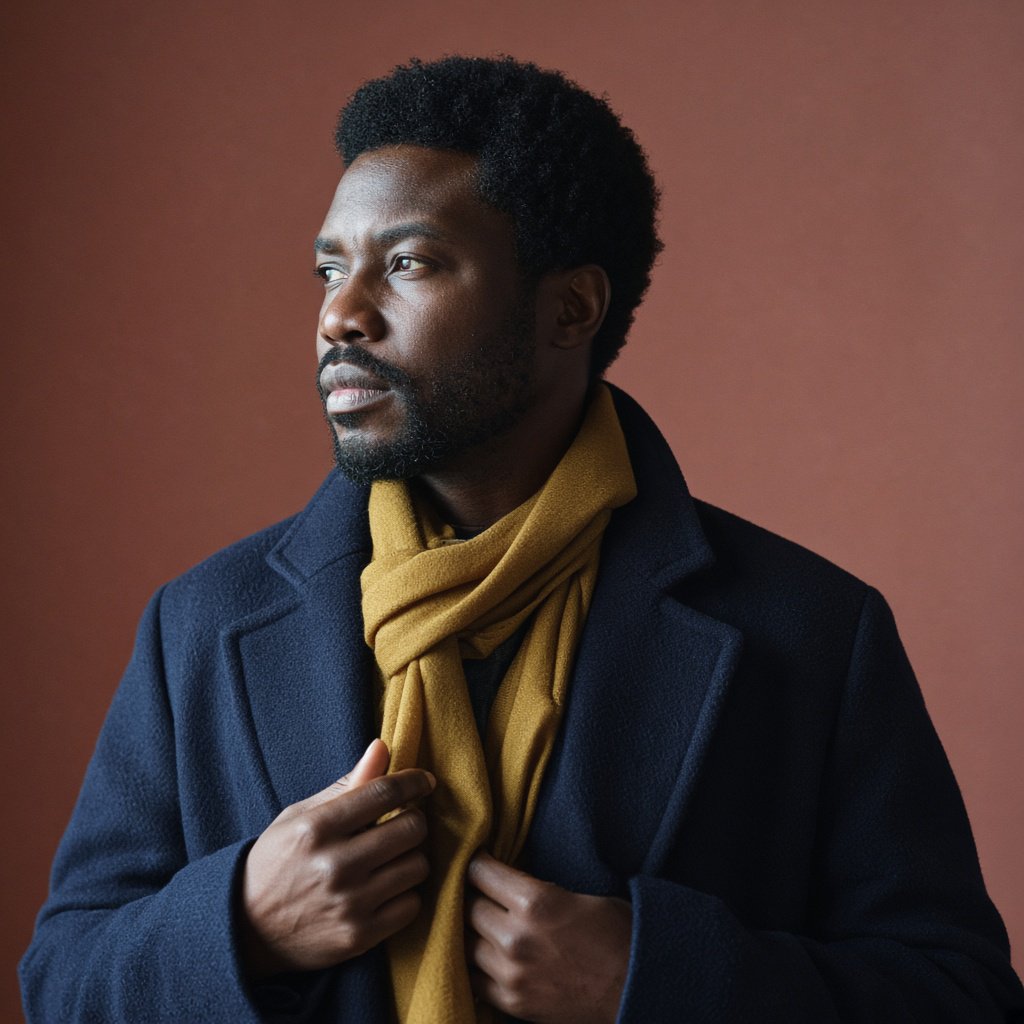 Editorial portrait of an adult Black man in his 30s wearing a deep navy wool overcoat and mustard scarf, fingers adjusting the scarf, thoughtful expression, muted terracotta studio backdrop, crisp cool window light. — Grok Imagine Image 2