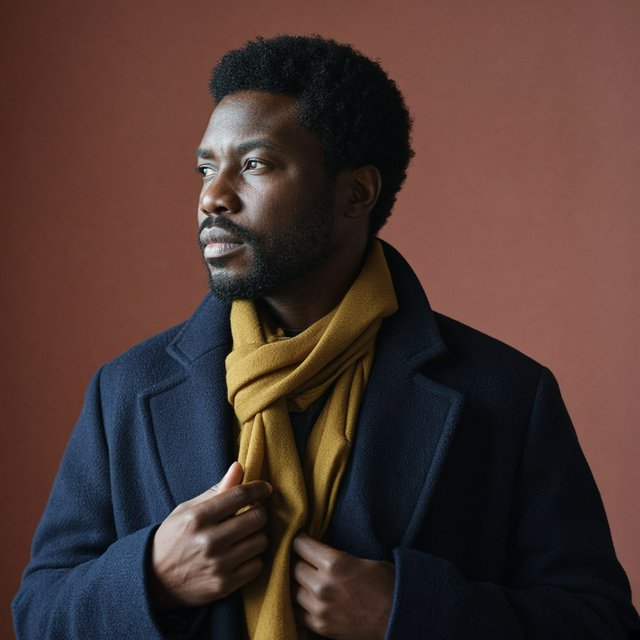 Editorial portrait of an adult Black man in his 30s wearing a deep navy wool overcoat and mustard scarf, fingers adjusting the scarf, thoughtful expression, muted terracotta studio backdrop, crisp cool window light. — Grok Imagine Image 2