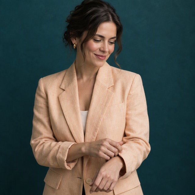 Portrait photograph of an adult woman in her early 30s wearing a pale apricot linen blazer, her hands gently smoothing its cuff. She looks quietly delighted against a deep teal paper backdrop, illuminated by soft, angled studio light. — GPT Image 2.5 Flare
