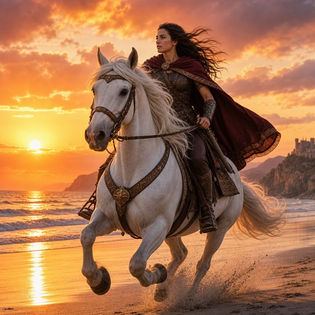 An adult female warrior on her white steed galloping along a fine-sand beach at sunset. — GPT Image 2