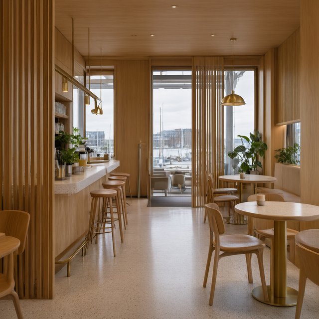 Inside an empty harbor café, restrained Danish modern design pairs ash slat screens, pale terrazzo, and brushed brass; overcast window light reaches the counter, viewed from the entrance, with aligned joinery and believable supports. — Model 17