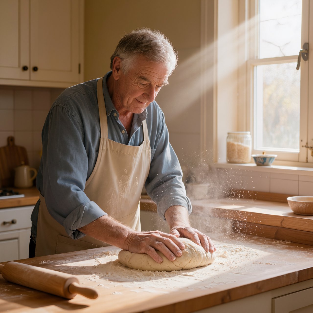 Documentary photo of a home kitchen mid-morning, flour dust in a shaft of window light, an older man kneading dough, natural light only. — Kling v3