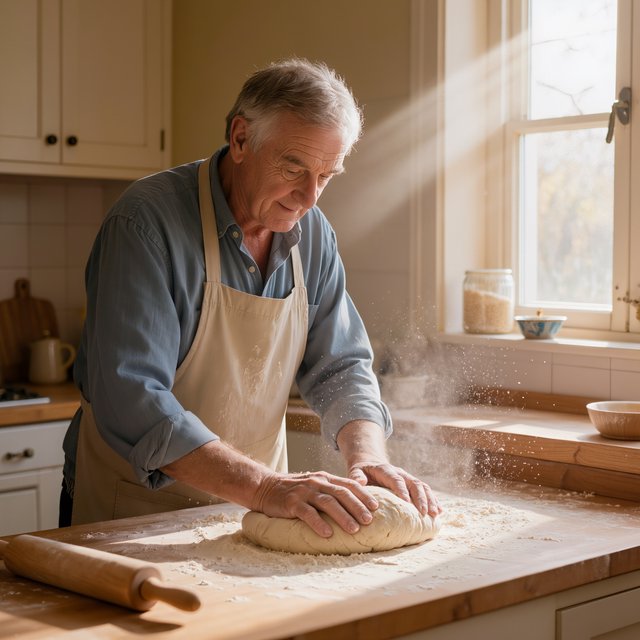 Documentary photo of a home kitchen mid-morning, flour dust in a shaft of window light, an older man kneading dough, natural light only. — Kling v3