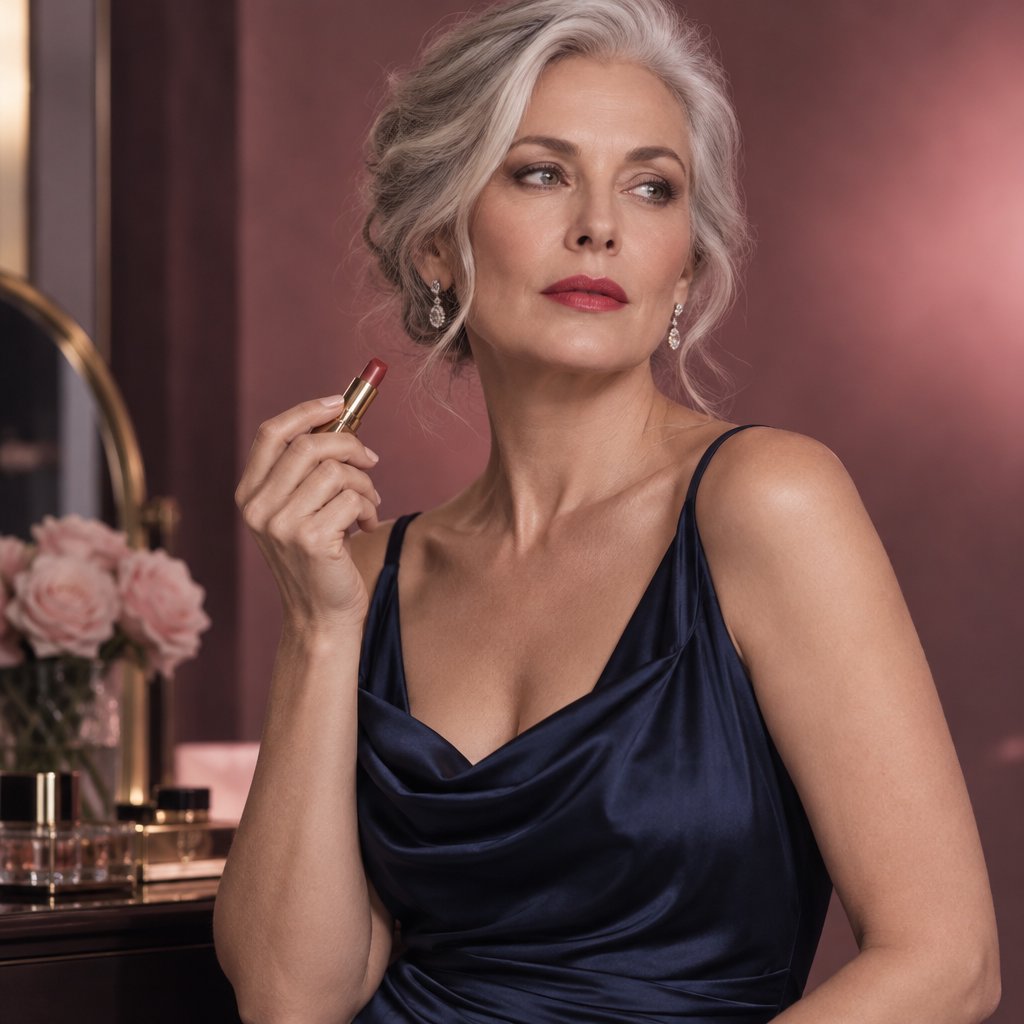 A silver-haired adult woman in a midnight-blue evening gown pauses with lipstick freshly applied, her composed gaze turned slightly aside; diffused rose studio light defines her face and shoulders, with restrained makeup and the polished finish of a fashion magazine. — GPT Image 2.5 Sunburst