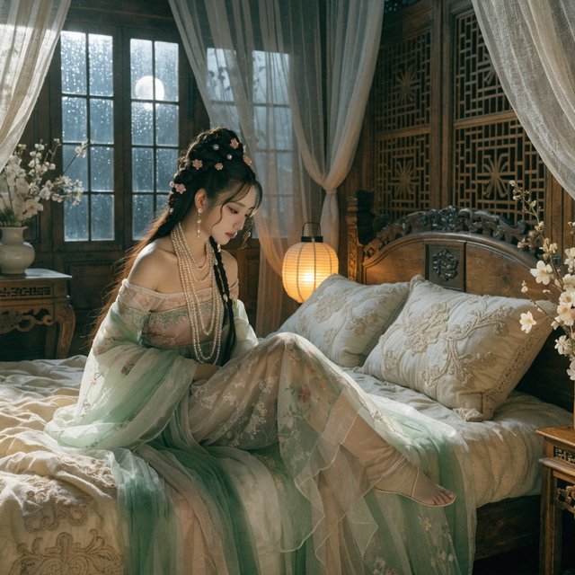 A beautiful adult Chinese woman in her 20s wearing an elegant, subtly sensual Song Dynasty–inspired hanfu with a loose off-shoulder neckline, gracefully exposing her shoulders and collarbones. She sits on an ornate wooden bed inside a refined ancient Chinese bedroom at night, surrounded by gauze curtains, carved screens and softly glowing lanterns. Moonlight filters through the lattice window, creating a romantic, intimate atmosphere. Luxurious silk fabrics, delicate hair ornaments, natural feminine pose, cinematic lighting, historically inspired details, tasteful and sophisticated. — Recraft v4