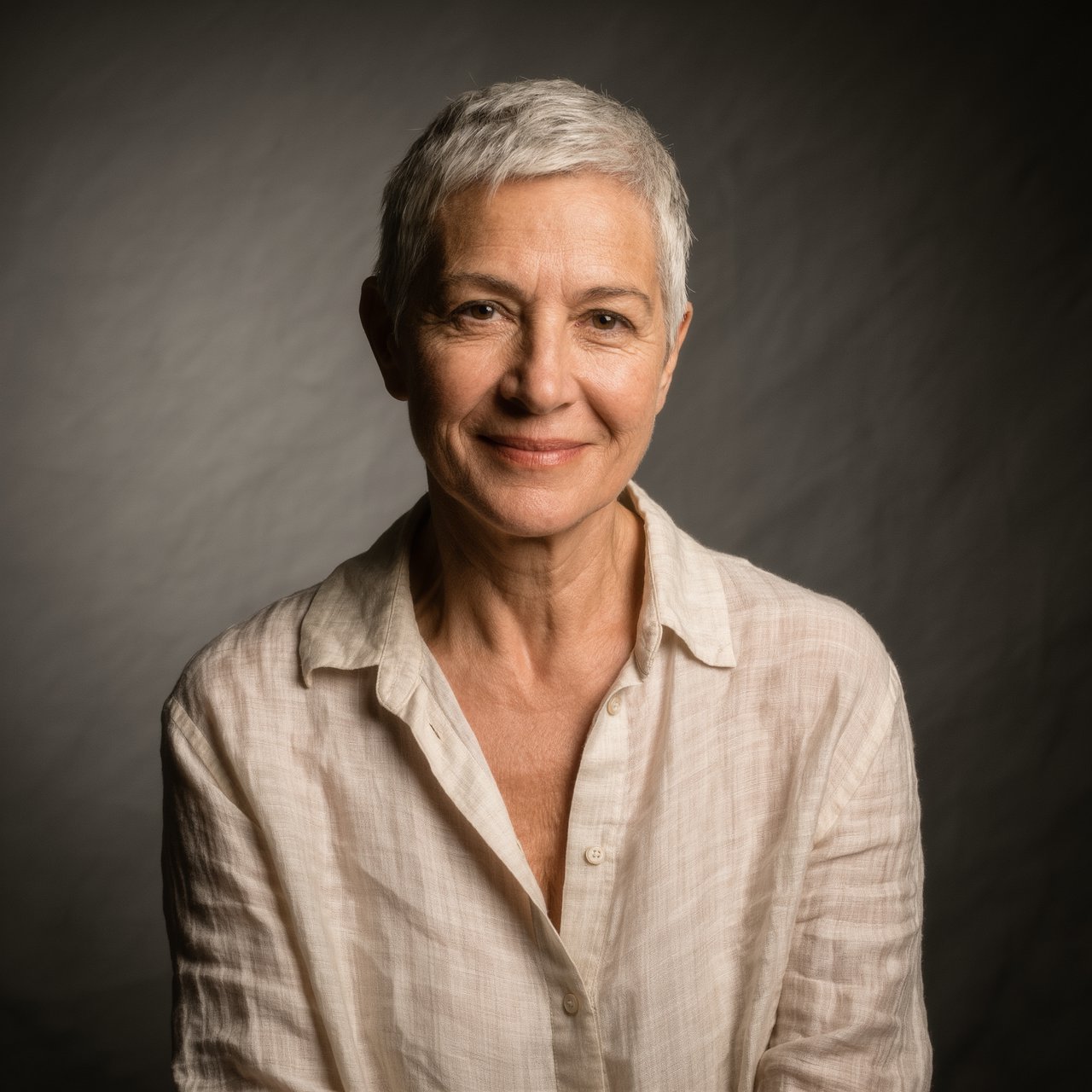 Studio portrait of a woman in her 40s with short grey hair and a linen shirt, Rembrandt lighting, neutral grey backdrop, slight smile. — Kling v3 Omni