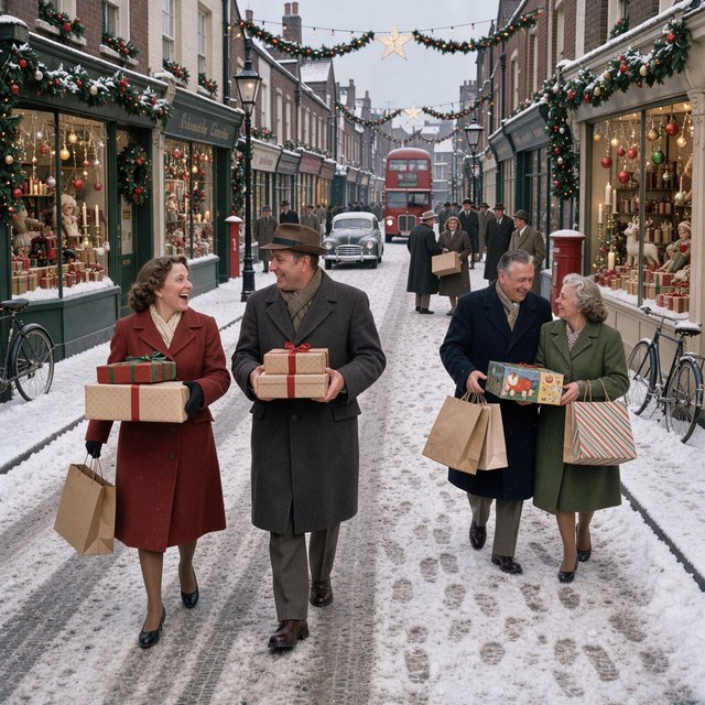 A UK High Street in the 1950s at Christmas time. The roads are covered in snow. The shop windows are decked out for Christmas and the happy adult shoppers are loaded up with gifts for loved ones. The mood is bright and Christmassy. — Model 1